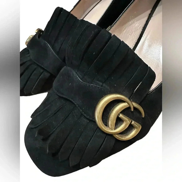 Gucci marmont fringe AUTHENTIC Black Suede Mule Heel Shoes Size 39 1/2 - Picture 8 of 12